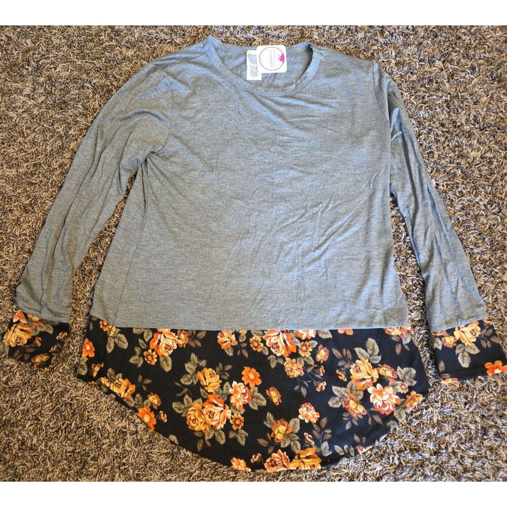 Nadine West Women’s Gray Shirt W/Floral Trim Size S Crew Neck  Long Sleeve NWT